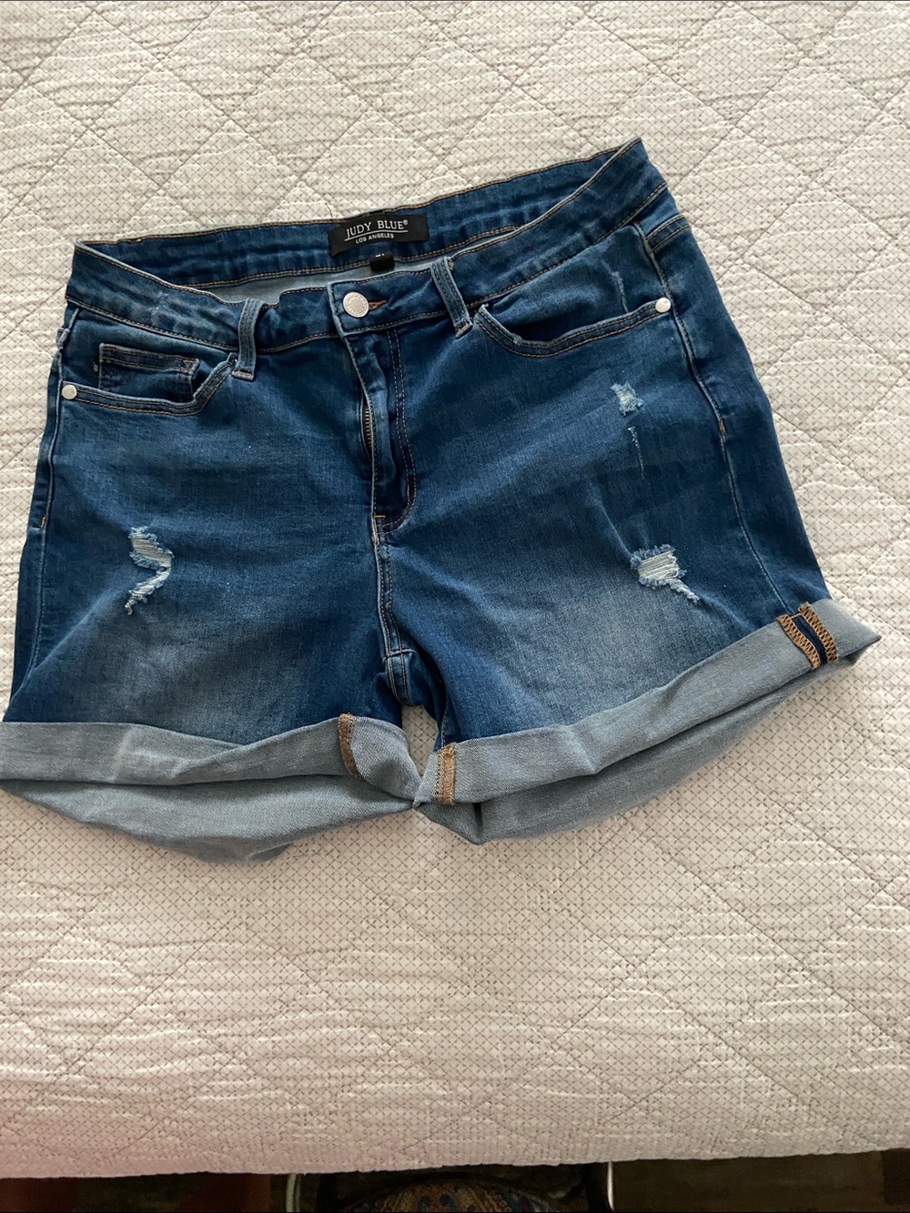 Judy Blue Medium-Dark Blue Distressed Roll-Cuff Denim Shorts